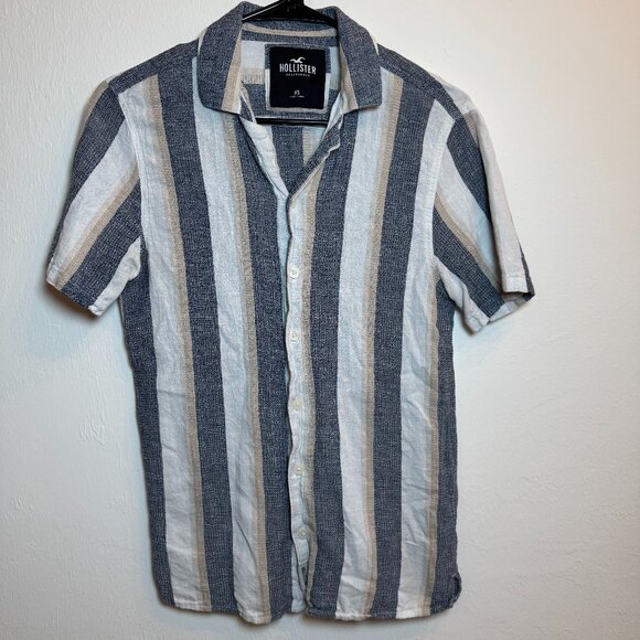 Hollister California Men’s Striped Button Shirt XS Blue Beige Linen Blend Casual - Picture 1 of 7
